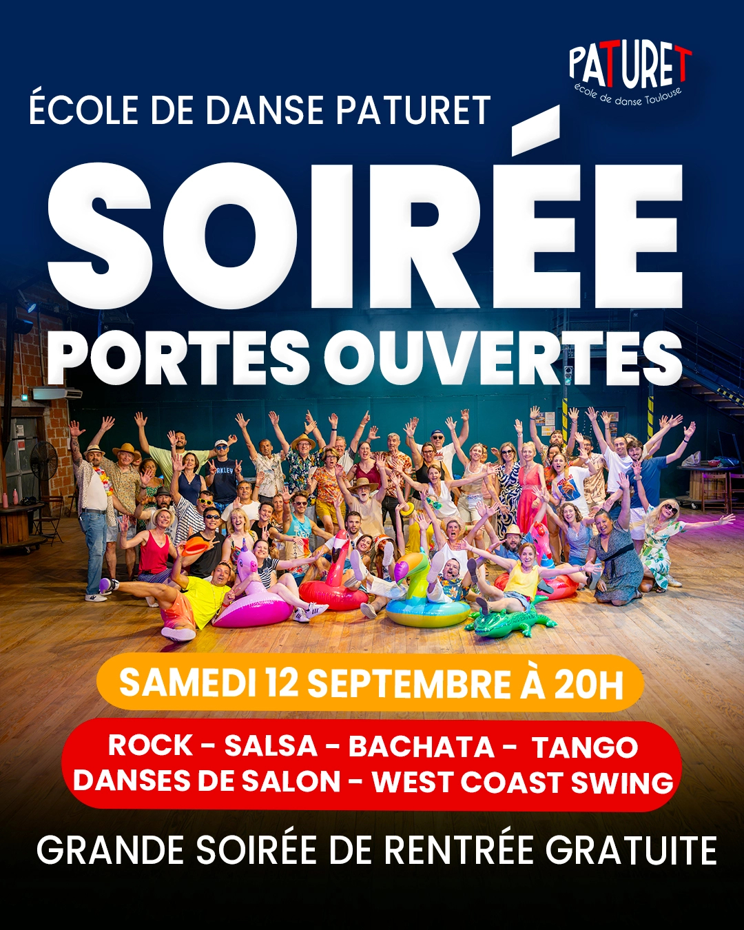 Soirée portes ouvertes à l'école de danse Paturet à toulouse purpan, cours de danse salsa, bachata, rock, westcoastswing, tango,... Gratuit